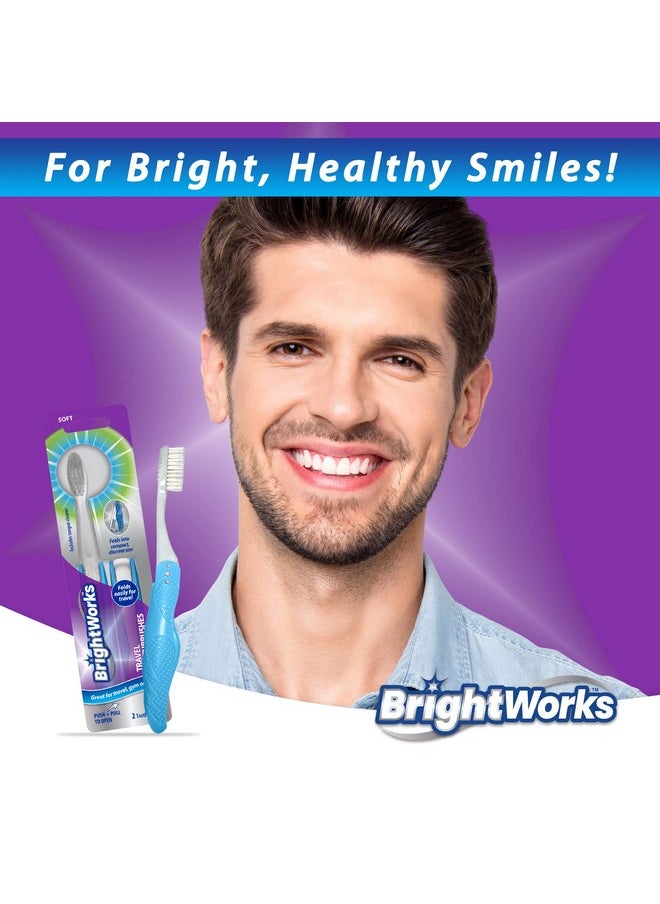 BrightWorks Folding Travel Toothbrush (6 Total, 3 Sets of 2) with Built-in Cover. Portable with Soft Bristles and Tongue Cleaner. for Camping, Hiking, Travel, Work, Gym, Purse, Backpack.