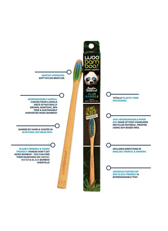 Woobamboo! Bamboo Toothbrush - Slim Handle - Soft Bristle - BPA Free Nylon Bristles - Eco-Friendly, Biodegradable, Compostable, Vegan (Pack of 1)