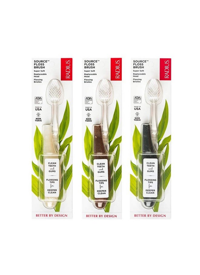 RADIUS Toothbrush Source Floss Brush BPA Free & ADA Accepted Improve Gum Health & Reduce Gum Issues - Super Soft - Cornstarch/Wood/Money - Pack of 3