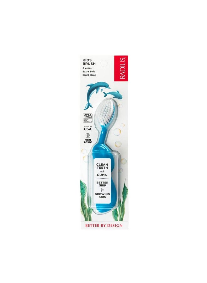 Radius Kids Toothbrush, Right Hand, Aqua Blue, BPA Free and ADA Accepted, Designed for Delicate Teeth and Gums, for Children 6 Years and Up