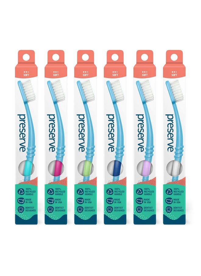 Preserve Eco Friendly Adult Toothbrushes, Made in The USA from Recycled Plastic, Soft Bristles, Paperboard Package, Colors Vary, 6 Count (Soft)