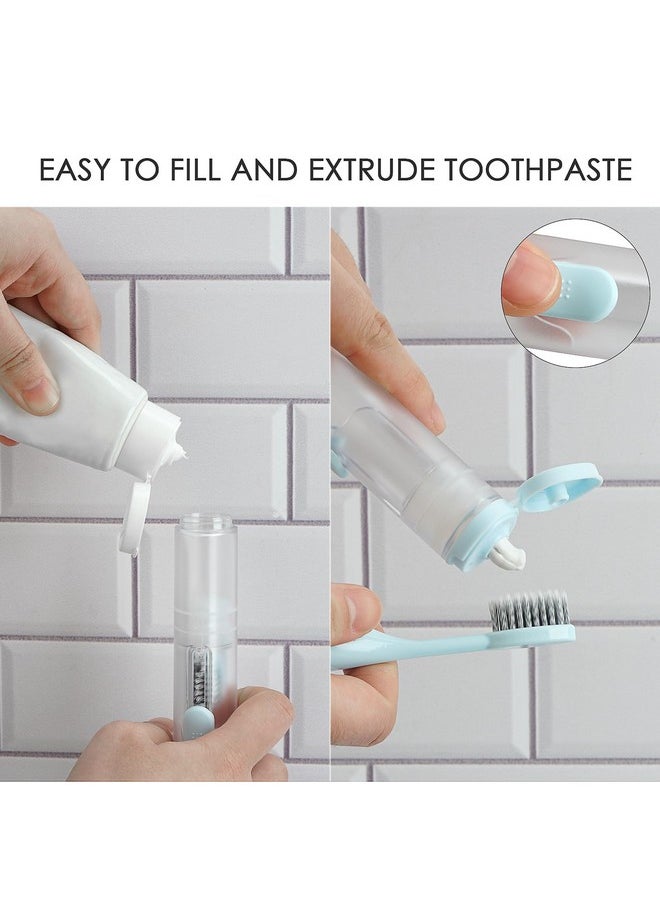Linkidea 2 in 1 Portable Toothbrush Built-in Tube, Refillable Toothpaste Container Case, Travel Fold Toothbrush Kit with 2 Replace Toothbrush Head and 2 Cleaning Brushes (Blue, White)