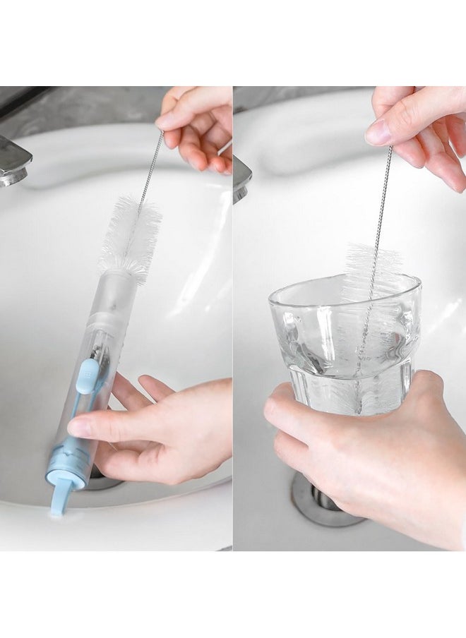 Linkidea 2 in 1 Portable Toothbrush Built-in Tube, Refillable Toothpaste Container Case, Travel Fold Toothbrush Kit with 2 Replace Toothbrush Head and 2 Cleaning Brushes (Blue, White)