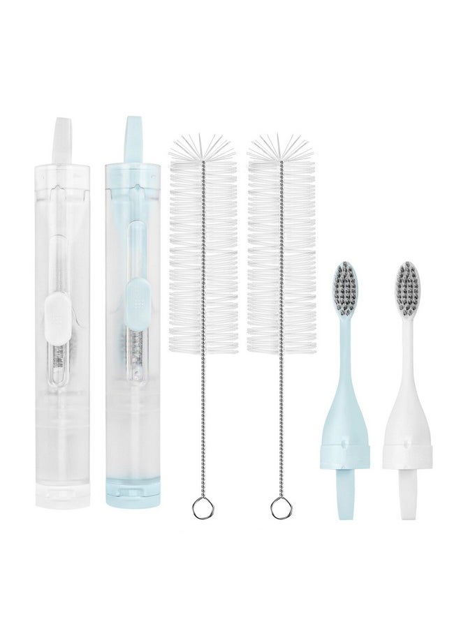 Linkidea 2 in 1 Portable Toothbrush Built-in Tube, Refillable Toothpaste Container Case, Travel Fold Toothbrush Kit with 2 Replace Toothbrush Head and 2 Cleaning Brushes (Blue, White)