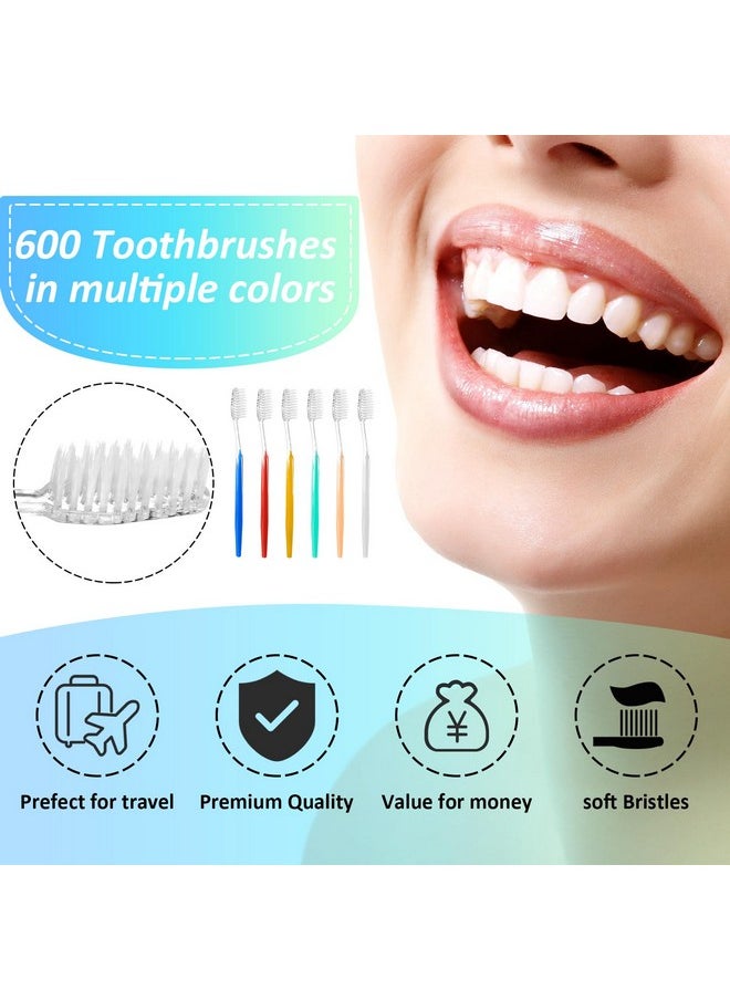 600 Pcs Individually Wrapped Toothbrush Set Medium Soft Bristle Toothbrushes Bulk Packed Disposable Tooth Brush Travel Manual Toothbrush for Hotels Travel Adults Guest, 6 Colors