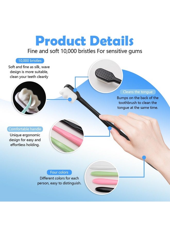 BangBoom 4Pcs Wave Style Extra Soft Toothbrush, Nano Toothbrush for Sensitive Gums Micro-Nano Manual Toothbrush with Soft Floss Bristle for Gum Care Protect Fragile Gums (Black, White, Green, Pink) A