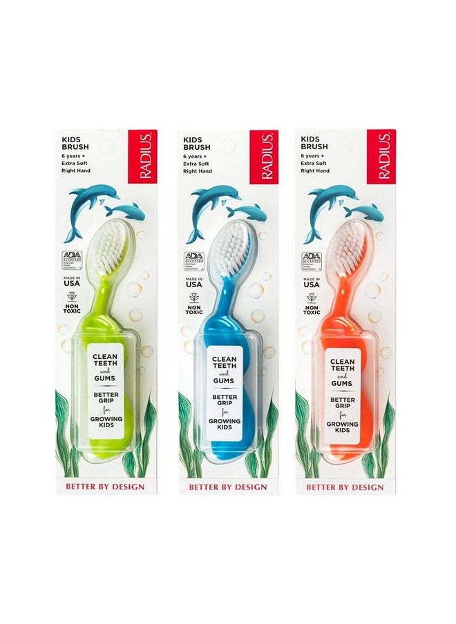 RADIUS Kidz Toothbrush Children's Right Hand BPA Free ADA Accepted Designed to Clean Teeth & Gums for Children 6 Years & Up - Green Blue Orange - Pack of 3