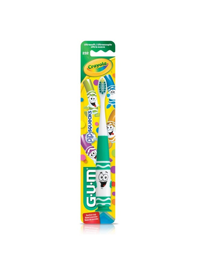 GUM Crayola Pip-Squeaks Kids’ Toothbrush, Soft Bristle Toddler Toothbrush 3 Year Old +, Suction Cup Base, 1ct (4pk)