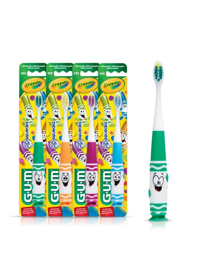 GUM Crayola Pip-Squeaks Kids’ Toothbrush, Soft Bristle Toddler Toothbrush 3 Year Old +, Suction Cup Base, 1ct (4pk)