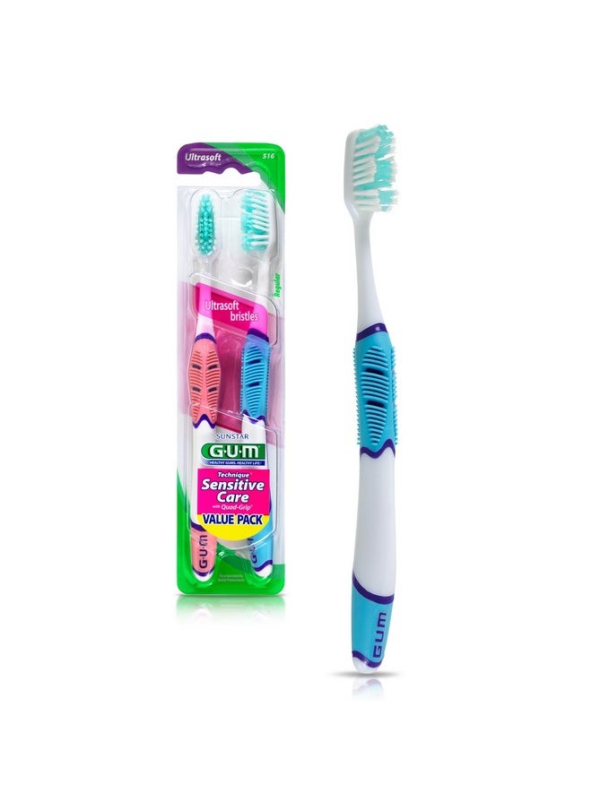 GUM Technique Sensitive Care Toothbrush with Quad-Grip Handle, Full Head & Ultra Soft Dome Trim Bristles for Plaque Removal That’s Gentle on Gums, 2ct