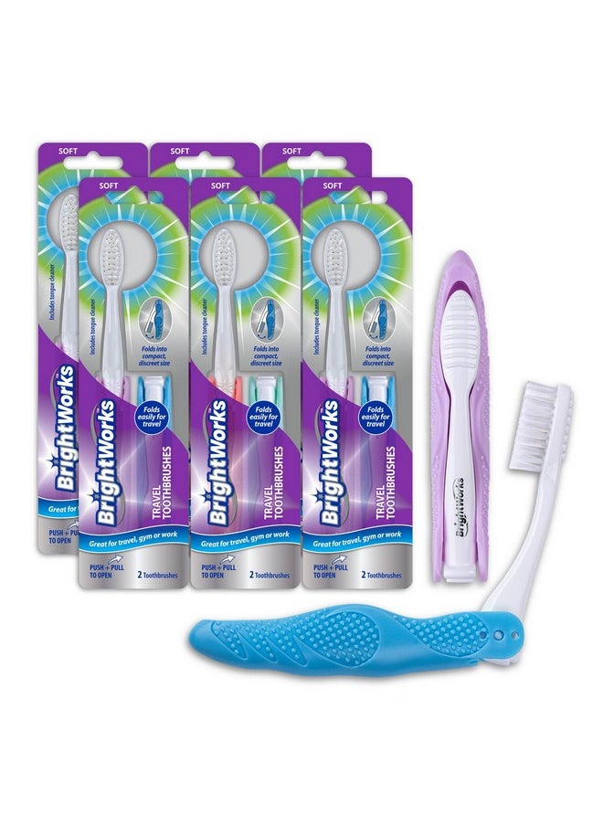 BrightWorks Folding Travel Toothbrush (12 Total, 6 Sets of 2) with Built-in Cover. Portable with Soft Bristles and Tongue Cleaner. for Camping, Hiking, Travel, Work, Gym, Purse, Backpack.