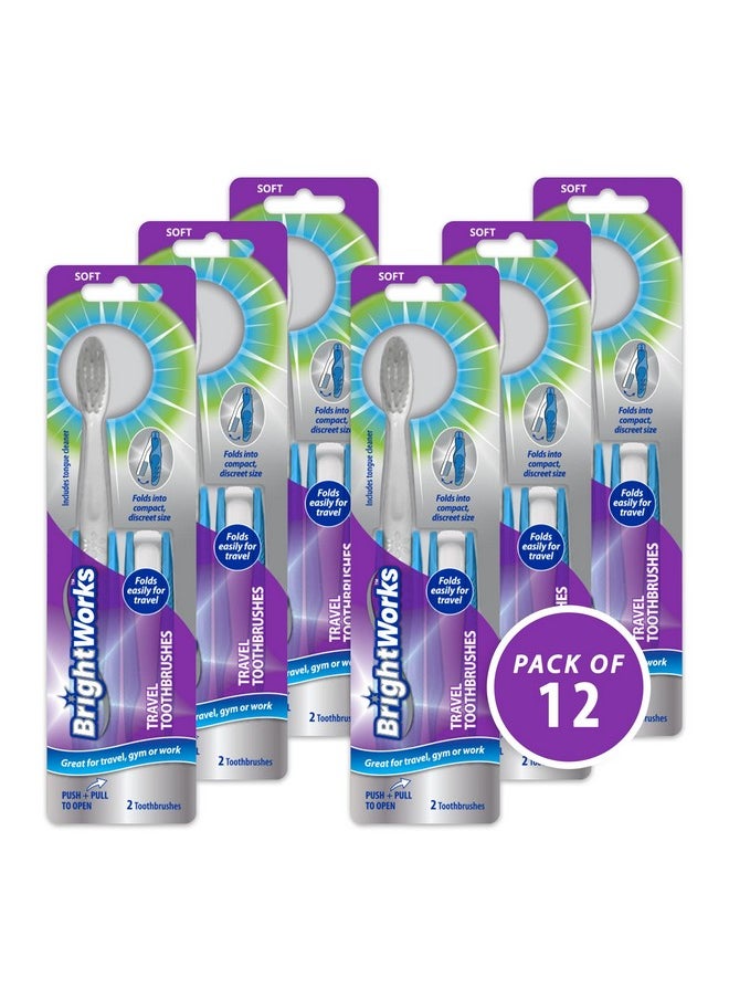 BrightWorks Folding Travel Toothbrush (12 Total, 6 Sets of 2) with Built-in Cover. Portable with Soft Bristles and Tongue Cleaner. for Camping, Hiking, Travel, Work, Gym, Purse, Backpack.