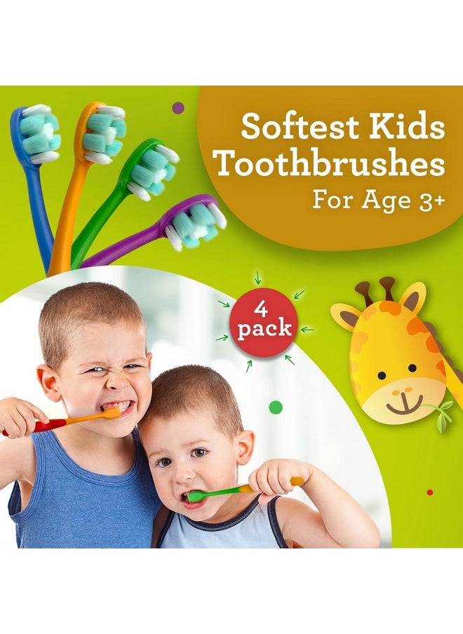 GuruNanda Butter On Gums Kids Toothbrush - 4 Pack Extra Soft Bristles Toothbrush for Kids, Multi-Colored & Fun to Use for Beginner Cleaning - Ergonomic Grip Handle - BPA & Cruelty-Free (Age 3+)