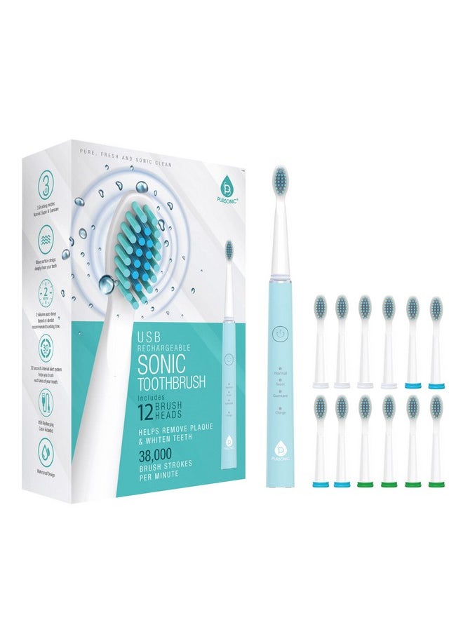 Pursonic Whitening USB Rechargeable Sonic Toothbrush-12 Brush Heads!- 38,000 Brush Strokes Per Minute-3 Brushing Modes with 2 Minute Auto Timer (Green)