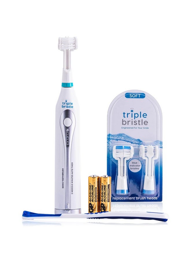 Triple Bristle Sonic GO Travel Toothbrush + Blue Brush Head Replacements 2pk | 3-Sided Toothbrush