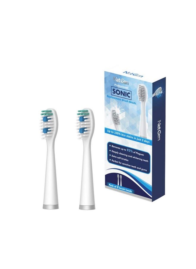 NetGen Replacement Sonic Toothbrush Heads | Soft and Comfortable Electronic Brush | Compatible with All NetGen Toothbrush Models | White - Pack of 2