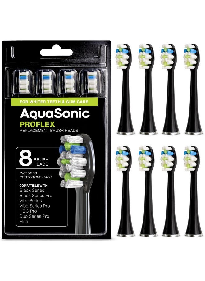 AquaSonic Proflex Replacement Brush Heads | for Whiter Teeth & Gum Care | Compatible with Many AquaSonic Toothbrush Handles (8 Pack Black)