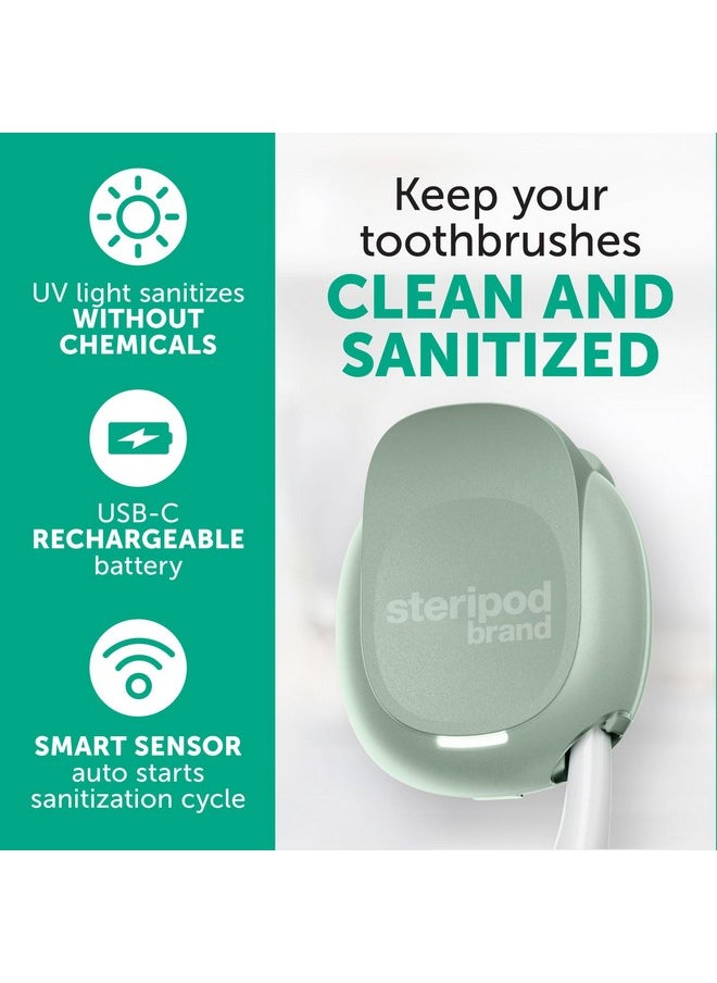 Steripod Brand Portable UV Toothbrush Sanitizer Clip, Reduces Harmful Microorganisms, Rechargeable, Sage, 1 Count