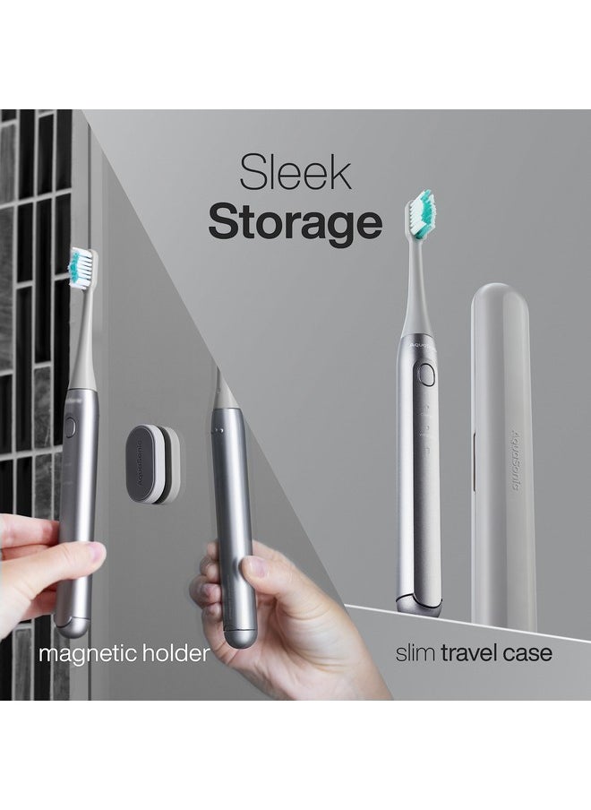 Aquasonic Icon ADA-Accepted Rechargeable Toothbrush | Magnetic Holder & Slim Travel Case | 2 Brushing Modes & Smart Timers | Gentle Micro-Vibrations (Stone)