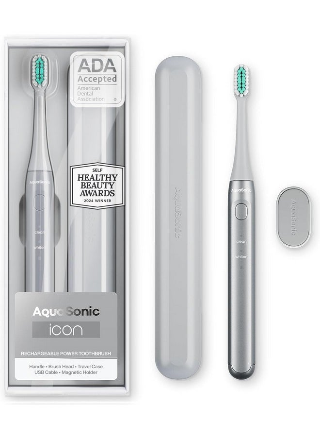 Aquasonic Icon ADA-Accepted Rechargeable Toothbrush | Magnetic Holder & Slim Travel Case | 2 Brushing Modes & Smart Timers | Gentle Micro-Vibrations (Stone)