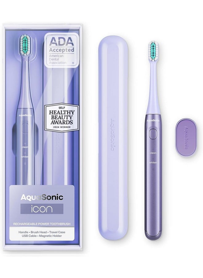 Aquasonic Icon ADA-Accepted Rechargeable Toothbrush | Magnetic Holder & Slim Travel Case | 2 Brushing Modes & Smart Timers | Gentle Micro-Vibrations (Lilac)