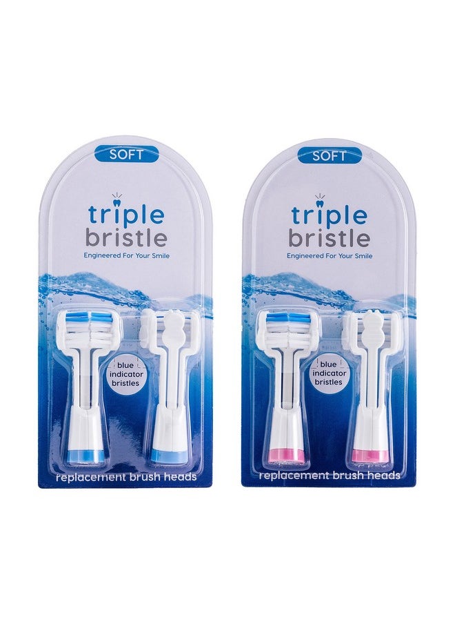 Triple Bristle Replacement Brush Head Refills | Innovative 3 Sided Head Design | Compatible with Triple Bristle Brand Sonic Toothbrush | Color Changing Indicator Bristles | 4 Pack (2 Pink + 2 Blue)