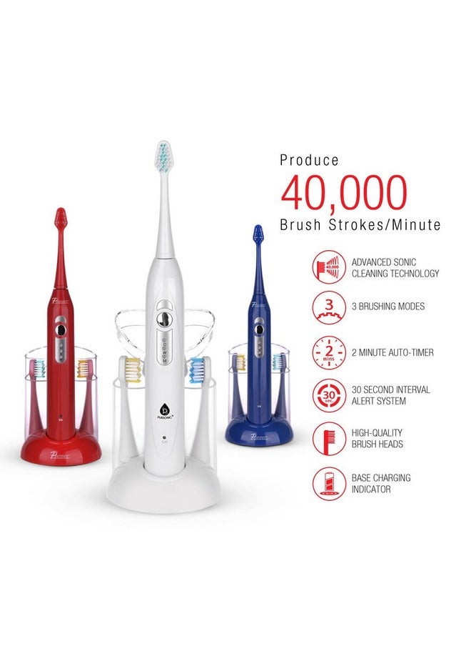 Pursonic S430 SmartSeries Electronic Power Rechargeable Sonic Toothbrush With 40,000 Strokes Per Minute, 12 Brush Heads Included, White