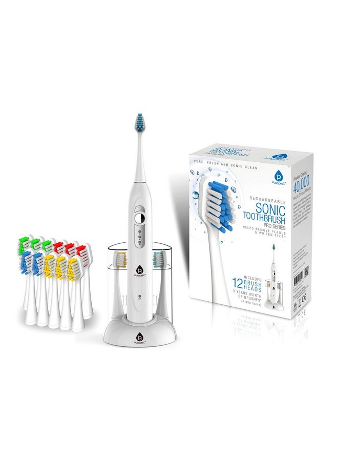 Pursonic S430 SmartSeries Electronic Power Rechargeable Sonic Toothbrush With 40,000 Strokes Per Minute, 12 Brush Heads Included, White