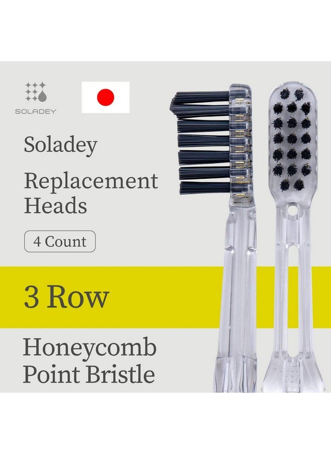 Soladey Ionic Toothbrush Replacement Brush Heads Refill, 4 Count -3 Row Honeycomb Point Bristle, Binchotan Charcoal and Silver Ions