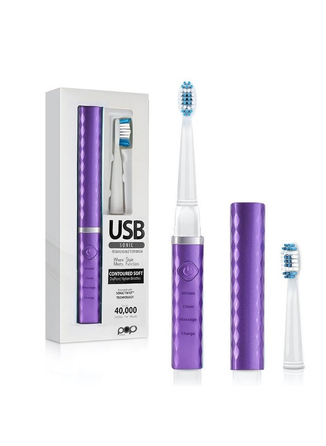 Pop Sonic USB Charge Anywhere Toothbrush(Purple) | Rechargeable Toothbrush w/Up to 40,000 Brush Strokes/Minute-Long-Lasting Dupont Nylon Bristles -Teens & Adult Toothbrush with Quadrant Pacer & Timer