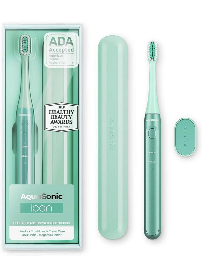 Aquasonic Icon ADA-Accepted Rechargeable Toothbrush | Magnetic Holder & Slim Travel Case | 2 Brushing Modes & Smart Timers | Gentle Micro-Vibrations (Mint)