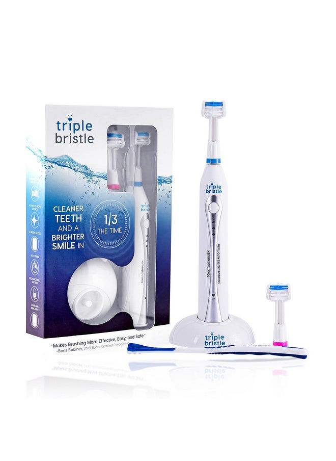Triple Bristle Original Sonic Toothbrush | Rechargeable 31,000 VPM Tooth Brush | Patented 3 Head Design | Angled Bristles Clean Each Tooth | Dentist Created & Approved Original