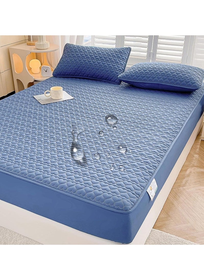 Waterproof Fitted Bedding Topper Set King Size 180x200 cm, Blue, Includes 2 Pillowcases