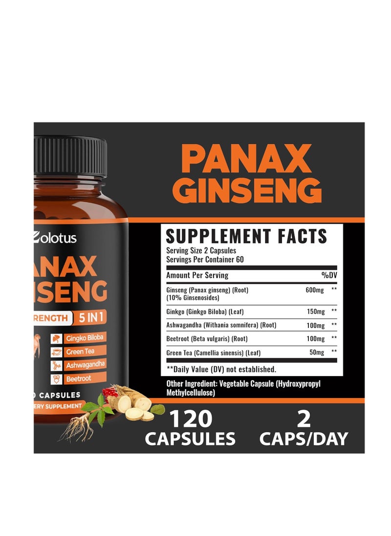 Korean Red Panax Ginseng + Ginkgo Biloba, Ashwagandha, Beetroot, Green Tea - 120 Capsules