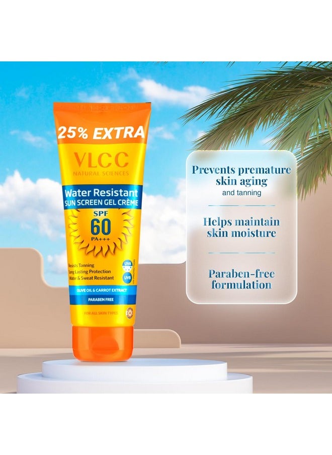 VLCC Water Resistant SPF 60 PA+++ Sunscreen Gel Cream | Helps Reduce Tanning and Premature Skin Aging | Paraben-Free Formulation | All Skin Types | 4.41 Oz/125 g