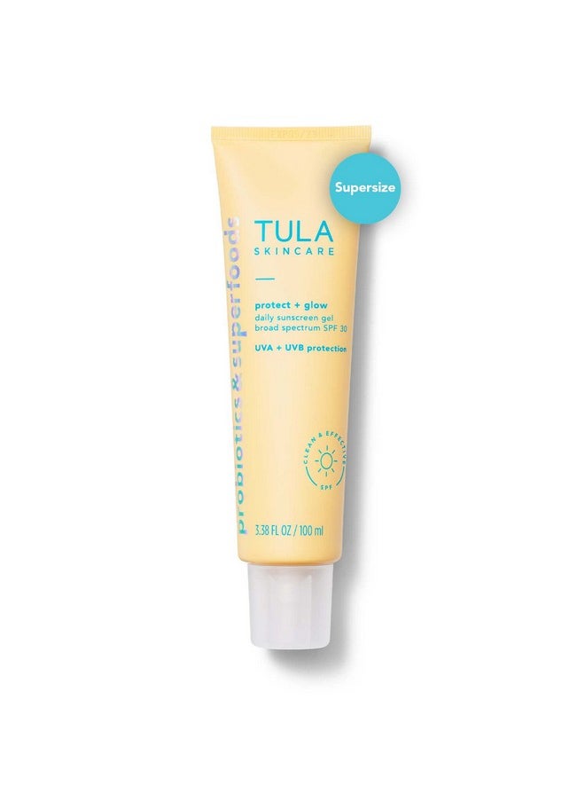 TULA Skin Care Protect + Glow Daily Sunscreen Gel Broad Spectrum SPF 30 - Skincare-First, Non-Greasy, Non-Comedogenic & Reef-Safe with Pollution & Blue Light Protection, Supersize, 3.38 oz