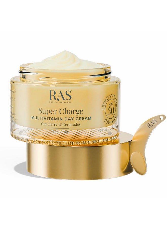 Ras Luxury Oils Super Charge Day Cream with Multivitamin SPF 30 PA++++ Goji Berry & Ceramides | Moisturizer for Glowing Skin with 72HR Hydration | Protection from UVA & UVB | Luxury Skincare | 50gm