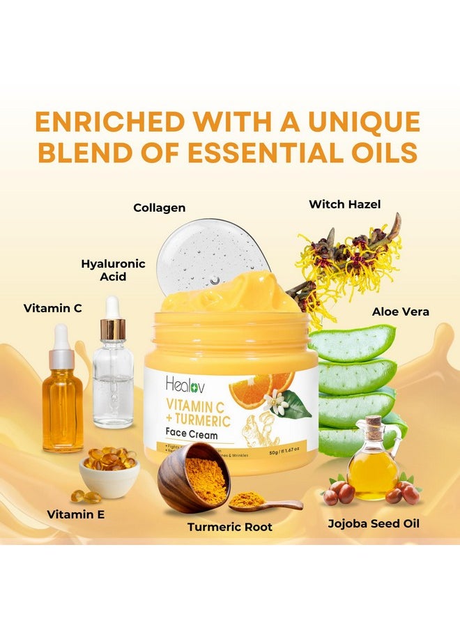 Healov Turmeric Face Cream for Dark Spots - Natural Turmeric Skin Brightening Lotion for Face & Body - Cleanse Skin, Fight Acne, Even Tone, Clear Scars, Sun Damage, & Hyperpigmentation - 50g / 1.67oz