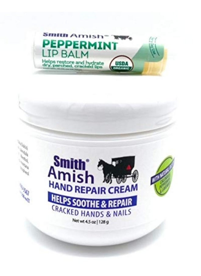 Smith Amish Hand Repair Cream 4.5 oz jar Plus Organic Peppermint Lip Balm.