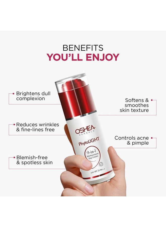 Oshea Herbals Phytolight 9-in-1 Multipurpose Day Cream With Spf 25 pa++ | Provide Day Long Moisturization | Lightens Skin Tone | Controls Acne & Pimples | Smoothens Rough Skin | Protects From UVA/UVB rays | Reduces Appearances of Pores | Reduces Fine Lines & Wrinkles | Fades Dark Spots & Blemishes | Net wt : 50 g