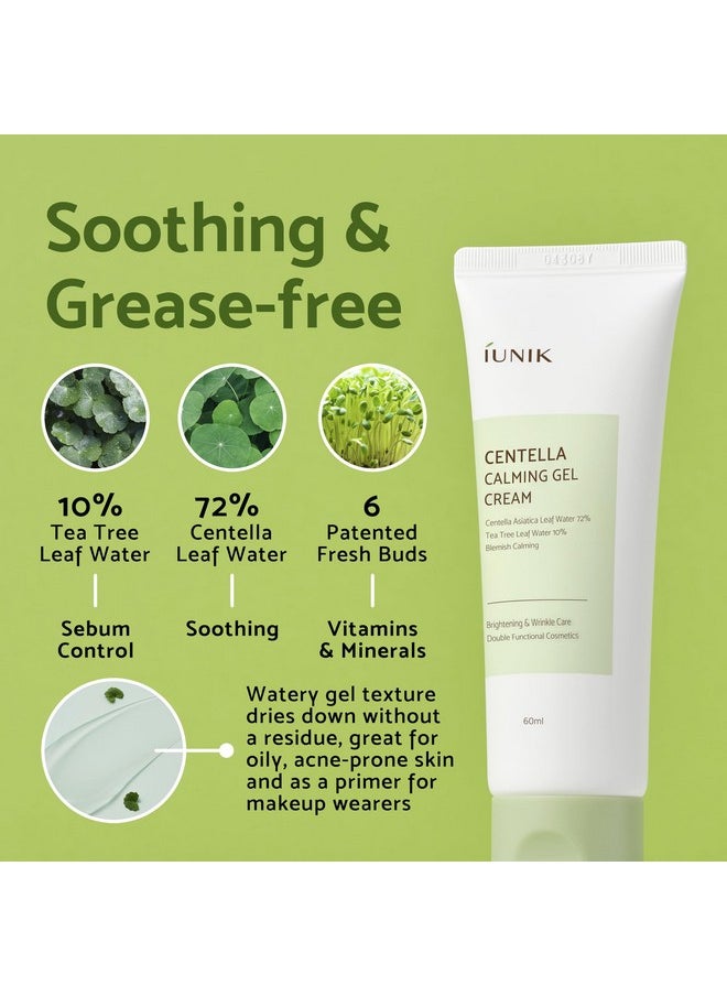 IUNIK Centella 70% Calming Gel Cream Vegan Non-Sticky Moisturizing Blemish Care w/Centella Asiatica Tea Tree 10% Soothes Acne Rosacea Oily & Sensitive Skin Korean Skincare