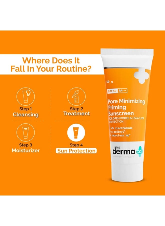 The Derma Co Pore Minimizing Priming Sunscreen with SPF 50 & PA+++ | Reduces Pore Size & Excess Oil | 2-in-1 Primer with SPF | Matte Finish with No White Cast | 1.76 Oz/50g
