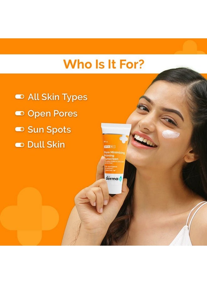 The Derma Co Pore Minimizing Priming Sunscreen with SPF 50 & PA+++ | Reduces Pore Size & Excess Oil | 2-in-1 Primer with SPF | Matte Finish with No White Cast | 1.76 Oz/50g