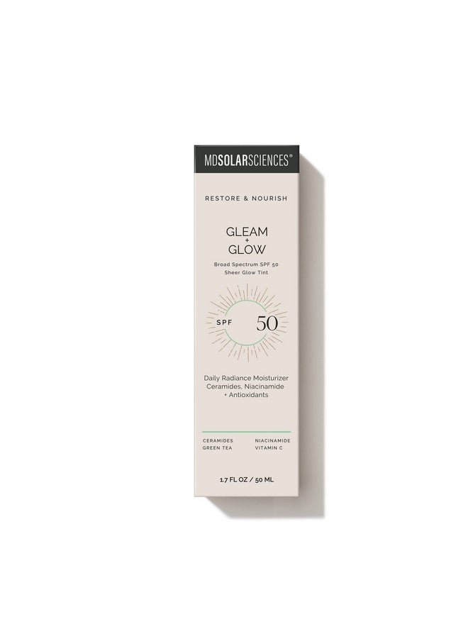 MDSolarSciences Gleam and Glow Sunscreen SPF 50 Tinted Face Moisturizer with Broad Spectrum UV Protection, Anti Aging Antioxidants, Sheer, Hydrating, Makeup Primer for Radiant Skin, 1.7 Fl Oz