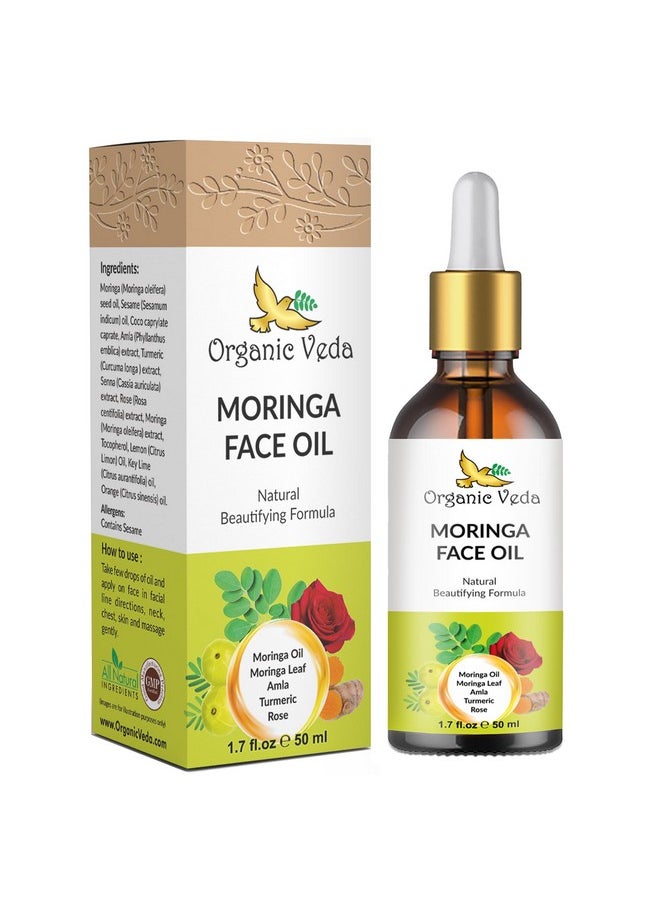 Organic Veda Moringa Face Oil with Dropper - 100% Natural Moringa Seed Oil with Turmeric & Rose Extract for Soft & Radiant Skin - Anti-aging, Reduce Wrinkles, Minimize Age Spots - 50ml (1.7 fl.oz)
