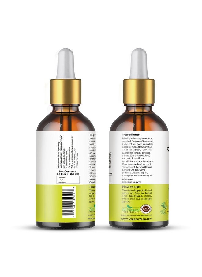 Organic Veda Moringa Face Oil with Dropper - 100% Natural Moringa Seed Oil with Turmeric & Rose Extract for Soft & Radiant Skin - Anti-aging, Reduce Wrinkles, Minimize Age Spots - 50ml (1.7 fl.oz)