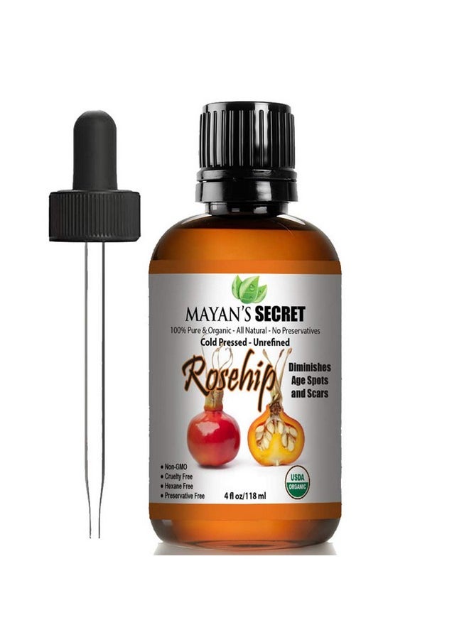 Mayan's Secret Rosehip Seed Oil USDA Certified Organic, Cold Pressed, Unrefined. Reduce Acne Scars. Essential Oil for Face, Nails, Hair, Skin. Therapeutic AAA+ Grade