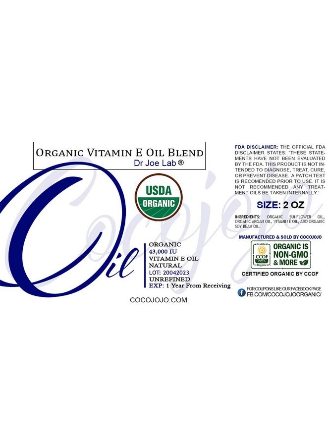 Dr Joe Lab Organic Vitamin E Oil USDA Certified Tocopherol Natural 43000 IU 2 oz & Dropper for Skin Face Hair Nails Body Eyelashes Hydrate Rejuvenate Moisturizer Antioxidant