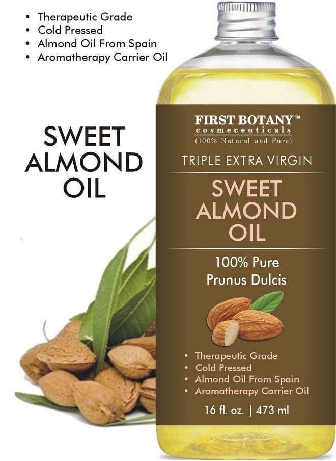 First Botany Cosmeceuticals, Cold Pressed Sweet Almond Oil - Triple AAA+ Grade Quality, For Hair, For Skin and For Face, 100% Pure and Natural with Pump dispenser, 16 fl oz