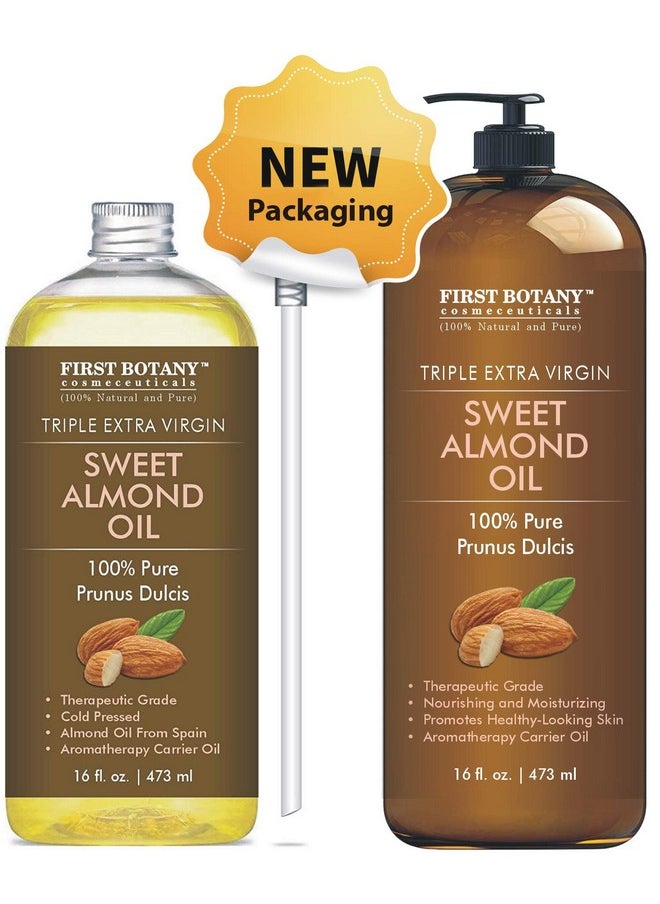 First Botany Cosmeceuticals, Cold Pressed Sweet Almond Oil - Triple AAA+ Grade Quality, For Hair, For Skin and For Face, 100% Pure and Natural with Pump dispenser, 16 fl oz